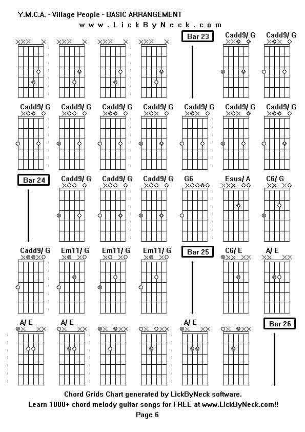 Chord Grids Chart of chord melody fingerstyle guitar song-Y M C A - Village People - BASIC ARRANGEMENT,generated by LickByNeck software.